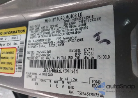 2013 Ford Fusion Se from USA, damaged, VIN 3FA6P0HR5DR341544